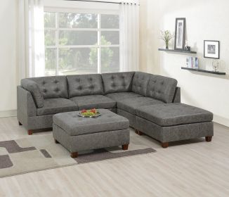 Living Room Furniture Antique Grey Modular Sectional 6pc Set Breathable Leatherette Tufted Couch 2x Corner Wedge 2x Armless Chairs and 2x Ottoman L-Sh