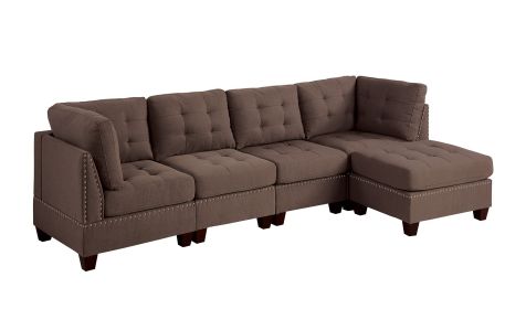Modular Sectional 5pc Set Living Room Furniture Corner L-Sectional Black Coffee Linen Like Fabric Tufted Nail heads 2x Corner Wedge 2x Armless Chair a