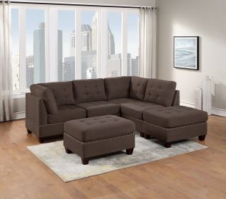 Modular Sectional 6pc Set Living Room Furniture L-Sectional Black Coffee Linen Like Fabric Tufted Nailheads 2x Corner Wedge 2x Armless Chairs and 2x O