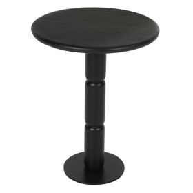 24 Inch Side End Table, Round Top with Turned Pedestal Base, Handcrafted Sandblasted Matte Black