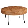 32 Inch Coffee Table, Handcrafted Mango Wood Round Top, Black Metal Angled Legs
