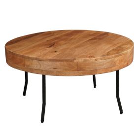 32 Inch Coffee Table, Handcrafted Mango Wood Round Top, Black Metal Angled Legs