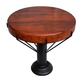 26 Inch Handcrafted Round Side End Table, Thick Mango Wood Top, Black Iron Pedestal Base