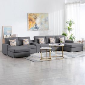 Nolan Gray Linen Fabric 6Pc Double Chaise Sectional Sofa with Interchangeable Legs, a USB, Charging Ports, Cupholders, Storage Console Table and Pillo