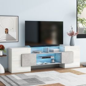 ON-TREND Unique Shape TV Stand with 2 Illuminated Glass Shelves, High Gloss Entertainment Center for TVs Up to 80", Versatile TV Cabinet with LED Colo