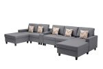 Nolan Gray Linen Fabric 6Pc Double Chaise Sectional Sofa with Interchangeable Legs, a USB, Charging Ports, Cupholders, Storage Console Table and Pillo