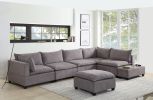 Madison Light Gray Fabric 7 Piece Modular Sectional Sofa with Ottoman and USB Storage Console Table