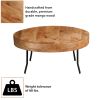 32 Inch Coffee Table, Handcrafted Mango Wood Round Top, Black Metal Angled Legs