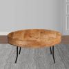 32 Inch Coffee Table, Handcrafted Mango Wood Round Top, Black Metal Angled Legs