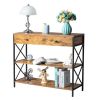 3 Tier Console Table for Entryway with Drawer and 2 Open Storage; Industrial Sofa Table with Storage for Living Room; Narrow Console Table with X Desi