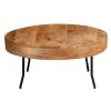 32 Inch Coffee Table, Handcrafted Mango Wood Round Top, Black Metal Angled Legs