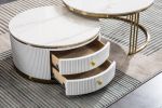 Modern Nesting MDF Coffee Table Set of 2, Round White End Table, Sintered Stone Appearance with Gold Finish Metal Base