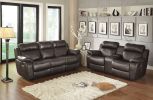 Contemporary Brown Faux Leather Upholstered 1pc Double Reclining Sofa w/ Center Drop-Down Cup Holder Living Room Furniture