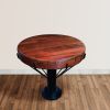 26 Inch Handcrafted Round Side End Table, Thick Mango Wood Top, Black Iron Pedestal Base