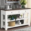 48'' Solid Pine Wood Top Console Table, Modern Entryway Sofa Side Table with 3 Storage Drawers and 2 Shelves. Easy to Assemble (Antique White+ Brown T
