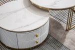 Modern Nesting MDF Coffee Table Set of 2, Round White End Table, Sintered Stone Appearance with Gold Finish Metal Base