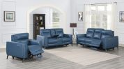 Leather Reclining Sofa - Motion Furniture Look without Compromise - Dual-Power, Ocean Blue Top-Grain Leather