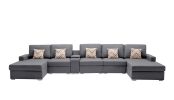 Nolan Gray Linen Fabric 6Pc Double Chaise Sectional Sofa with Interchangeable Legs, a USB, Charging Ports, Cupholders, Storage Console Table and Pillo