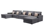 Nolan Gray Linen Fabric 6Pc Double Chaise Sectional Sofa with Interchangeable Legs, a USB, Charging Ports, Cupholders, Storage Console Table and Pillo