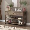 Console Table with Wood Frame and Legs; Sofa Table Entryway Table with 3 Drawers and 2 Open Shelves Wash Gray