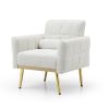 Modern Comfy Blind Tufted White Teddy Fabric Accent Chair Leisure Chair Armchair Living Room Chairs With Metal Trim and Gold Legs, with 1 Waist Pillow