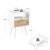 15.75" Rattan End table with Power Outlet & USB Ports , Modern nightstand with drawer and solid wood legs, side table for living room, bedroom, white
