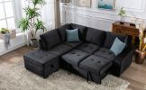 Sleeper Sectional Sofa, L-Shape Corner Couch Sofa-Bed with Storage Ottoman & Hidden Arm Storage & USB Charge for Living Room Apartment, Black