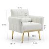 Modern Comfy Blind Tufted White Teddy Fabric Accent Chair Leisure Chair Armchair Living Room Chairs With Metal Trim and Gold Legs, with 1 Waist Pillow