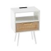 15.75" Rattan End table with Power Outlet & USB Ports , Modern nightstand with drawer and solid wood legs, side table for living room, bedroom, white