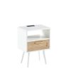 15.75" Rattan End table with Power Outlet & USB Ports , Modern nightstand with drawer and solid wood legs, side table for living room, bedroom, white