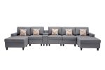 Nolan Gray Linen Fabric 6Pc Double Chaise Sectional Sofa with Interchangeable Legs, a USB, Charging Ports, Cupholders, Storage Console Table and Pillo