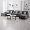 Nolan Gray Linen Fabric 6Pc Double Chaise Sectional Sofa with Interchangeable Legs, a USB, Charging Ports, Cupholders, Storage Console Table and Pillo