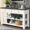 48'' Solid Pine Wood Top Console Table, Modern Entryway Sofa Side Table with 3 Storage Drawers and 2 Shelves. Easy to Assemble (Antique White+ Brown T