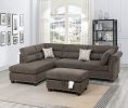 Sectional sofa Tan Color Velvet Fabric Reversible Chaise Sofa Sectional w Pillows Cocktail Storage Ottoman 3pc Set