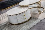 Modern Nesting MDF Coffee Table Set of 2, Round White End Table, Sintered Stone Appearance with Gold Finish Metal Base