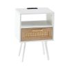 15.75" Rattan End table with Power Outlet & USB Ports , Modern nightstand with drawer and solid wood legs, side table for living room, bedroom, white