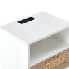 15.75" Rattan End table with Power Outlet & USB Ports , Modern nightstand with drawer and solid wood legs, side table for living room, bedroom, white