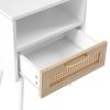 15.75" Rattan End table with Power Outlet & USB Ports , Modern nightstand with drawer and solid wood legs, side table for living room, bedroom, white