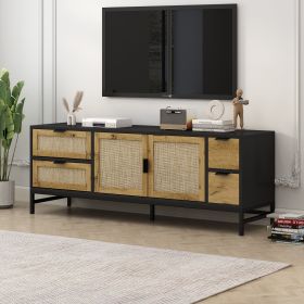 ON-TREND Elegant Rattan TV Stand for TVs up to 65", Boho Style Media Console with Adjustable Shelves, Sleek TV Console Table with Wood Grain Surface f (Color: as Pic)