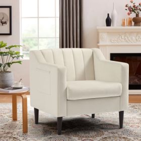 Modern Upholstered Tufted Accent Chair, Velvet Fabric Single Sofa Side Chair, Comfy Barrel Club Living Room Armchair with Solid Wood Legs for Bedroom (Color: White, Material: Velvet)