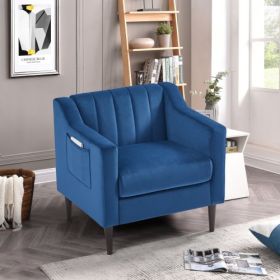 Modern Upholstered Tufted Accent Chair, Velvet Fabric Single Sofa Side Chair, Comfy Barrel Club Living Room Armchair with Solid Wood Legs for Bedroom (Color: Blue, Material: Velvet)