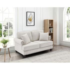 61" Chenille modern Upholstered Sofas Love Seater with Nails and Armrests (White) (Color: White, Material: Chenille)