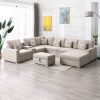 Nolan Beige Linen Fabric 8Pc Reversible Chaise Sectional Sofa with Interchangeable Legs, Pillows, Storage Ottoman, and a USB, Charging Ports, Cupholde