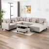 Nolan Beige Linen Fabric 8Pc Reversible Chaise Sectional Sofa with Interchangeable Legs, Pillows, Storage Ottoman, and a USB, Charging Ports, Cupholde