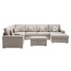 Nolan Beige Linen Fabric 8Pc Reversible Chaise Sectional Sofa with Interchangeable Legs, Pillows, Storage Ottoman, and a USB, Charging Ports, Cupholde